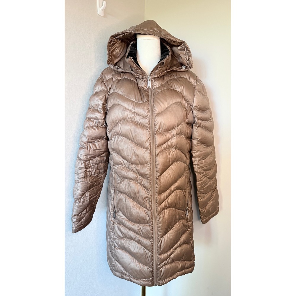 Andrew Marc Down Puffer Coat XL Long Taupe Metallic 650 Fill Hooded Packable
